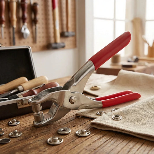 Grommet setting tool with red handles and metal jaws, plus gold-toned eyelets