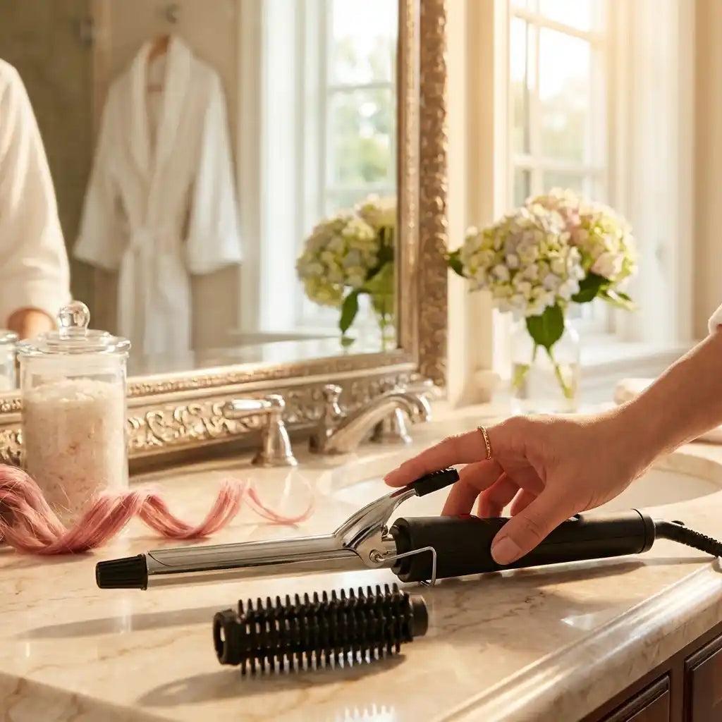 Hair curling iron with black handle and chrome barrel plus roller comb attachment