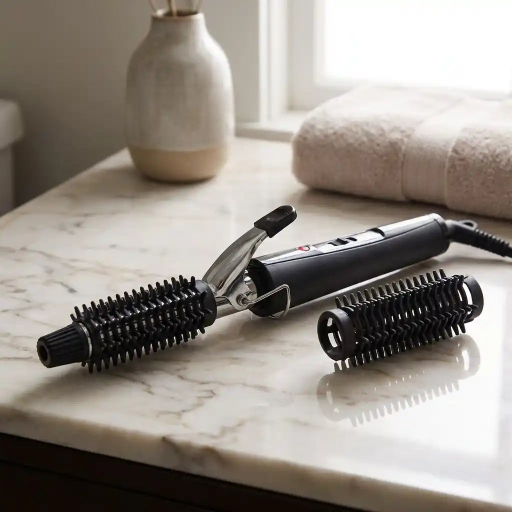Hair curling iron with black and chrome barrel and two roller comb attachments