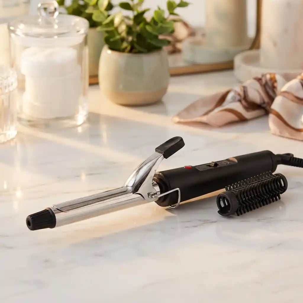 Hair curling iron with chrome barrel and black handle and roller comb at side