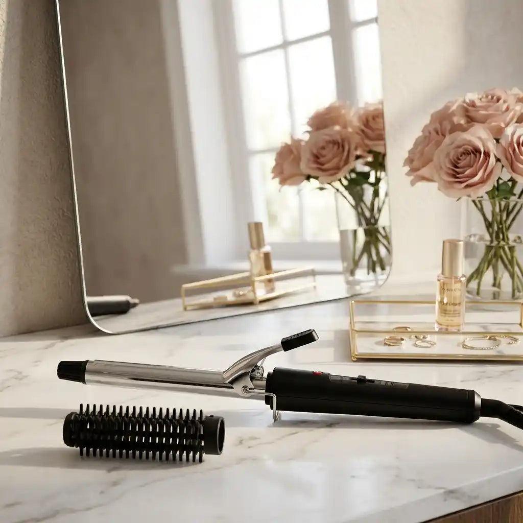 Hair curling iron with chrome barrel, black handle, and roller comb attachments