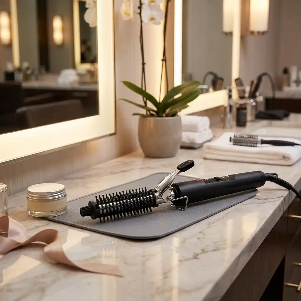 Hair curling iron with black handle and chrome barrel plus roller comb attachments