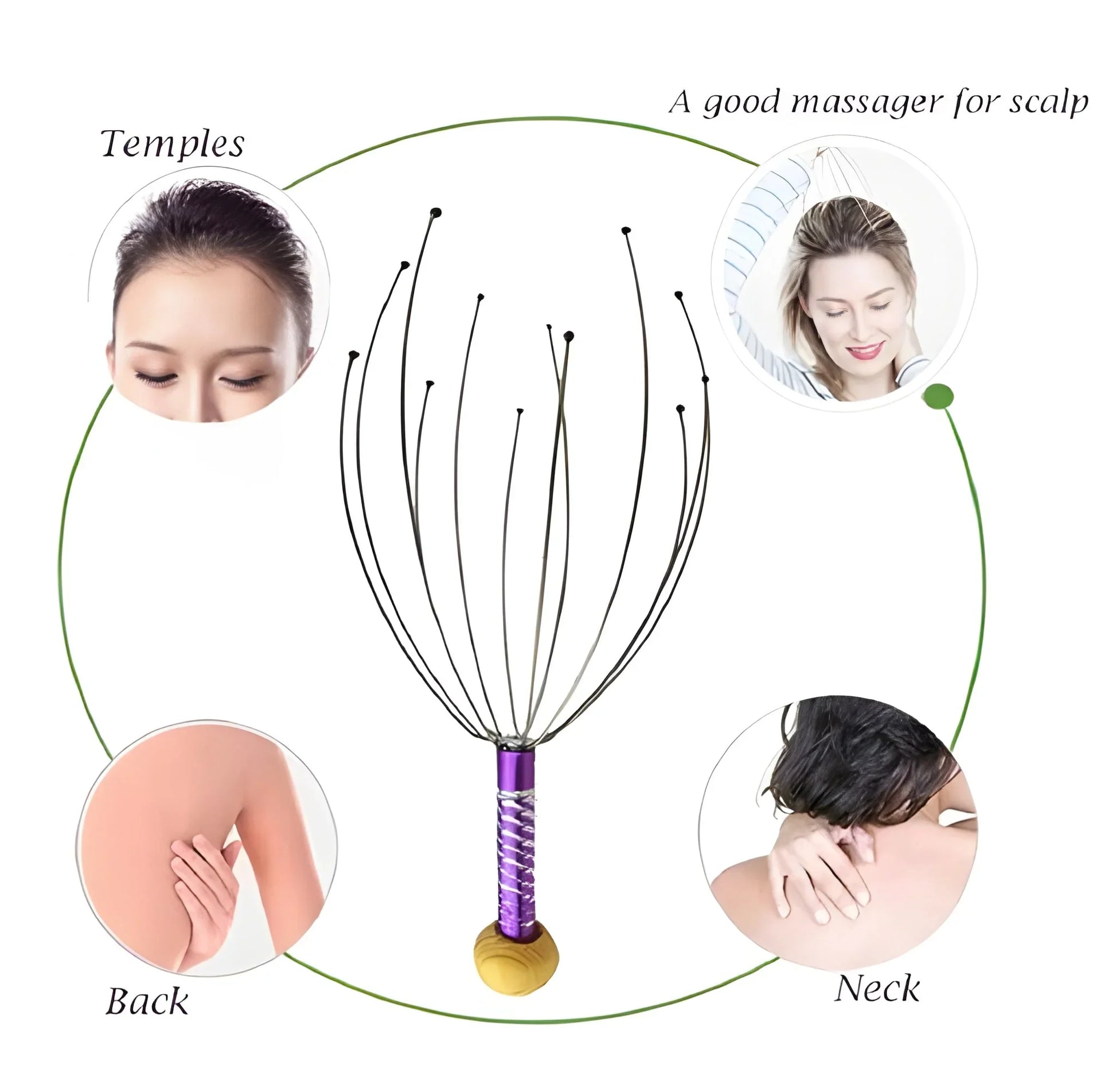 Scalp head massager with purple handle and multi-prong tips for scalp massage