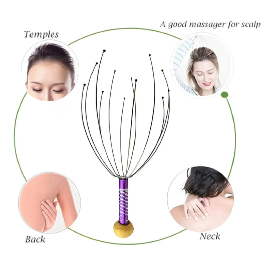 Scalp head massager with purple handle and multi-prong tips for scalp massage