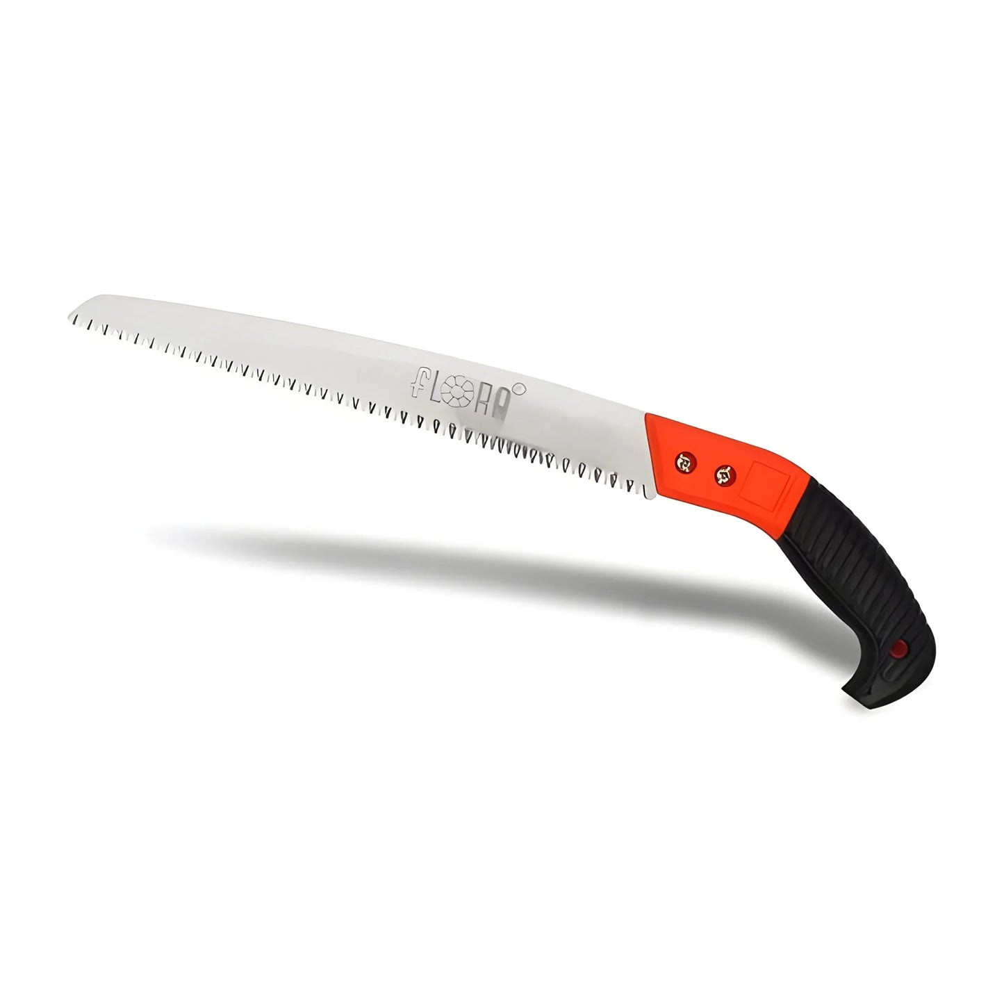 Hand pruning saw with serrated blade and orange ergonomic handle with black grip