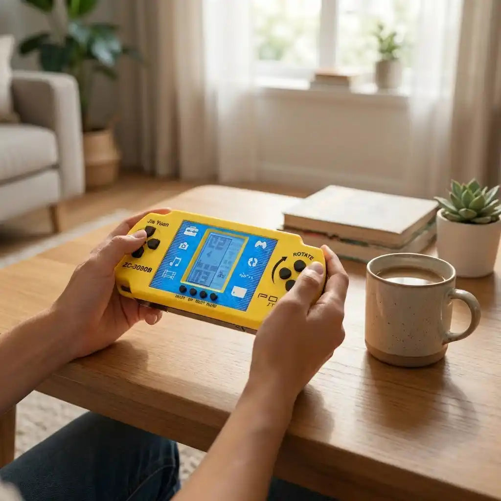 Yellow handheld pocket video game toy showing blue LCD screen and side buttons