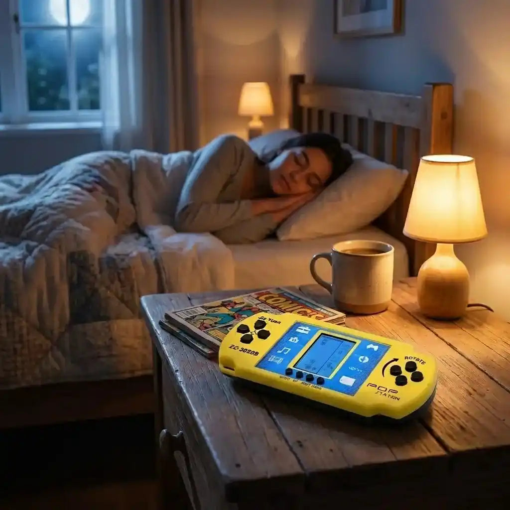 Yellow handheld pocket video game toy lying on a table with blue LCD display