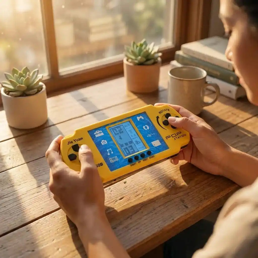 Yellow handheld pocket video game toy with blue screen and joystick-like controls
