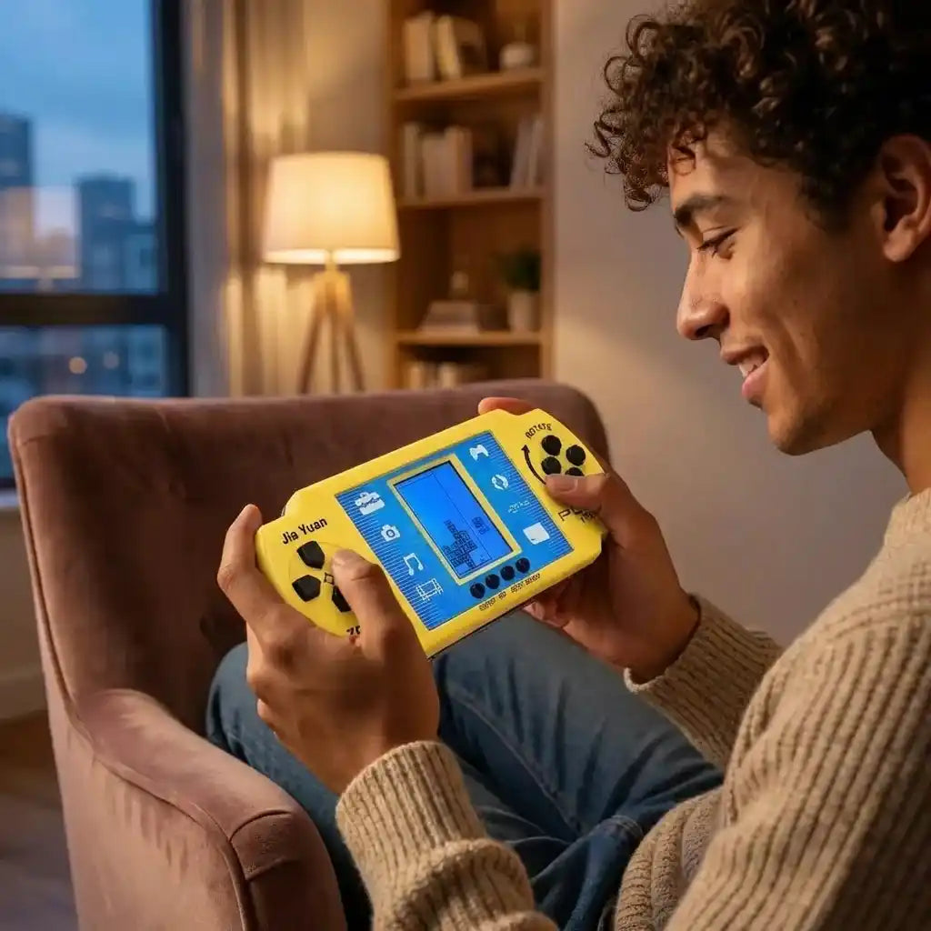 Yellow handheld pocket video game toy with blue screen and circular thumb controls