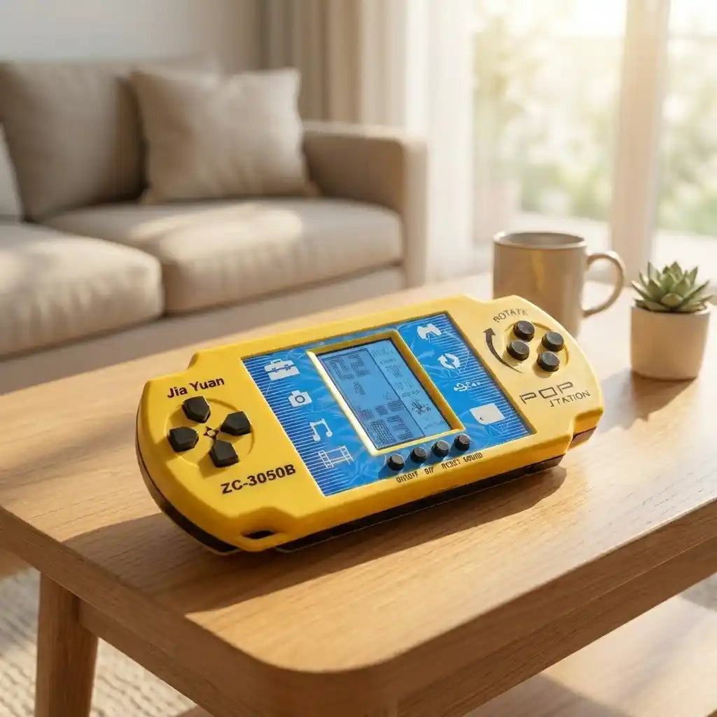 Yellow handheld pocket video game toy on a wooden coffee table with blue screen