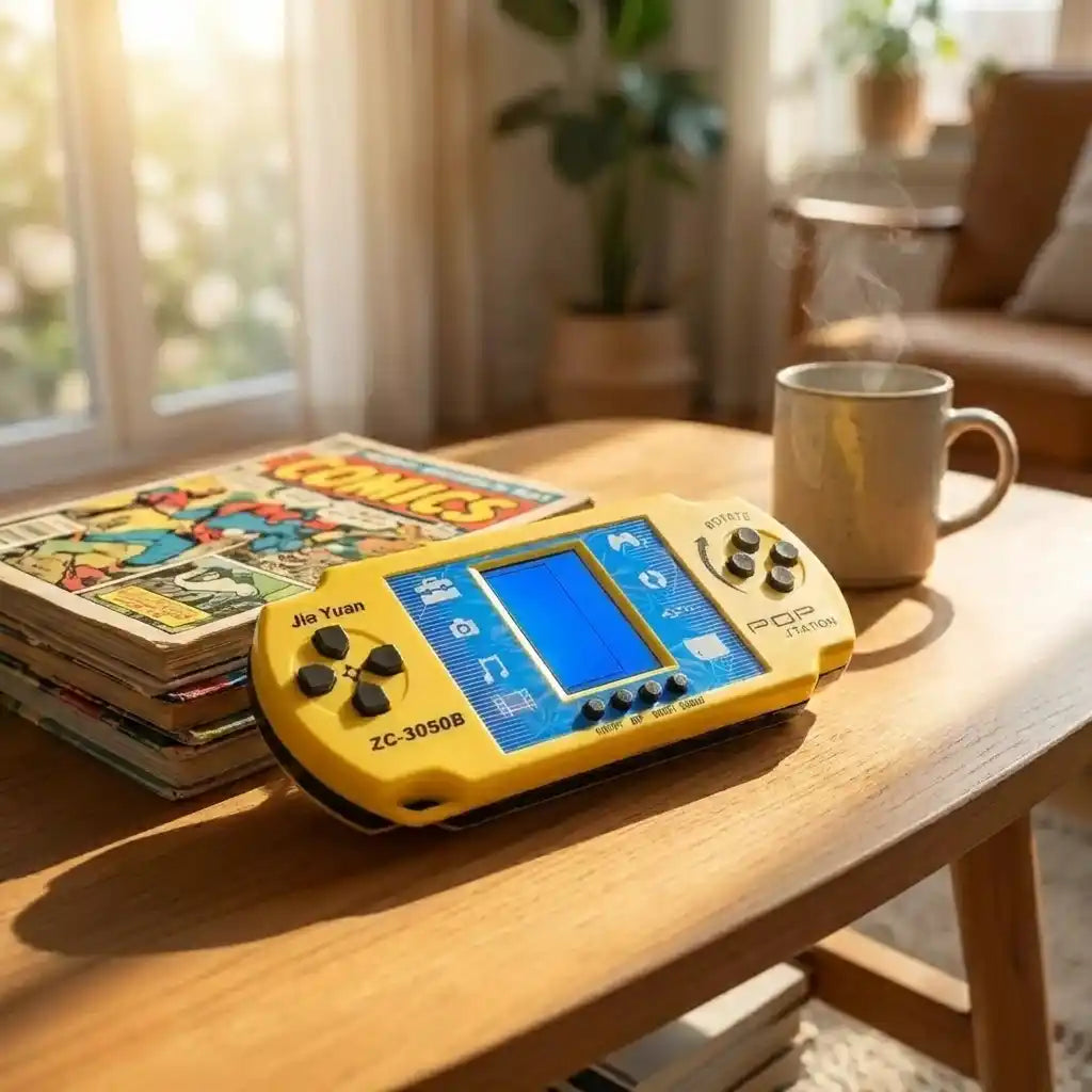 Yellow handheld pocket video game toy resting on a table with blue LCD screen