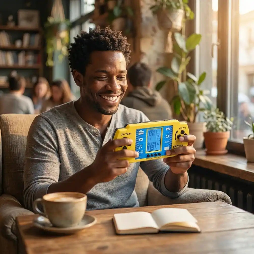 Yellow handheld pocket video game toy held up with blue screen and round controls