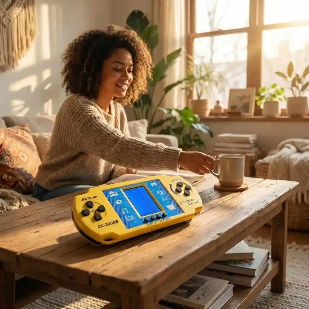 Yellow handheld pocket video game toy on a wooden table with blue screen and buttons