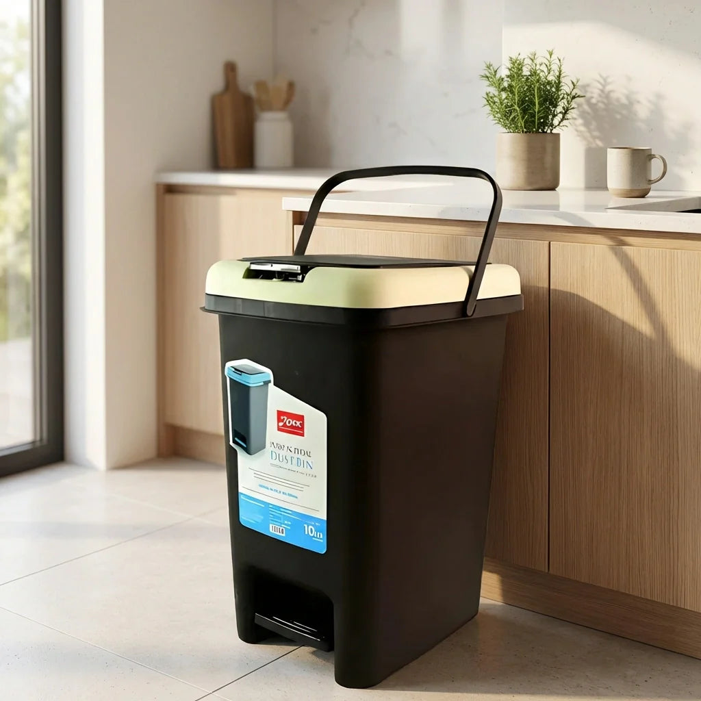 Hands-free pedal dustbin with swing lid and front foot pedal, dark finish