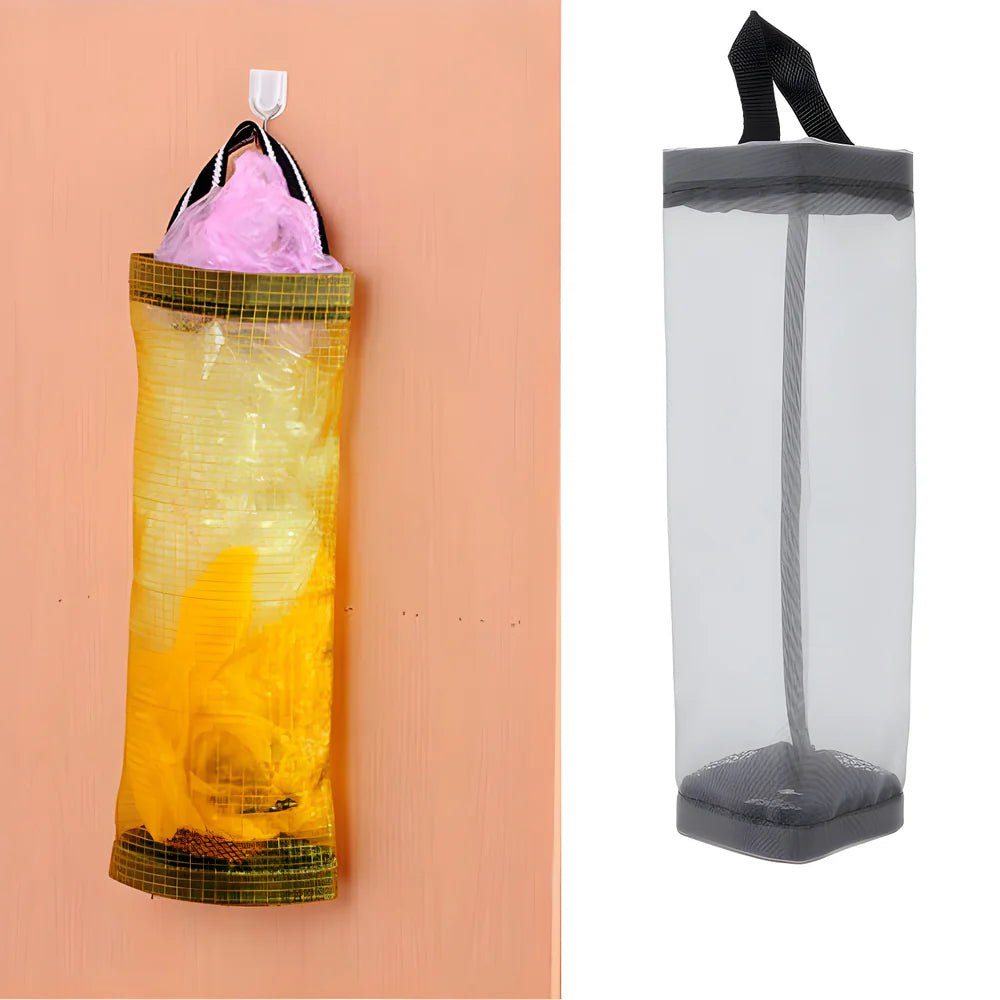 Hanging bag holder organizer with fabric strap and mesh pocket, yellow with grid sides