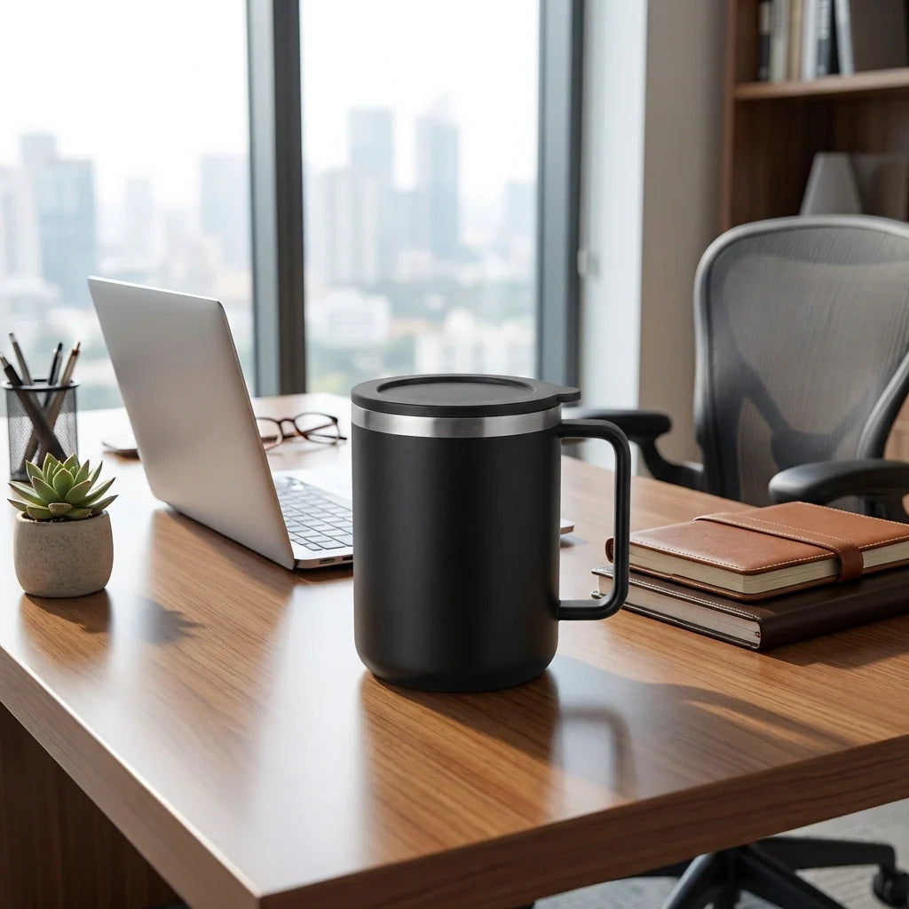 Black insulated mug with lid and handle on a desk, next to books and a laptop.