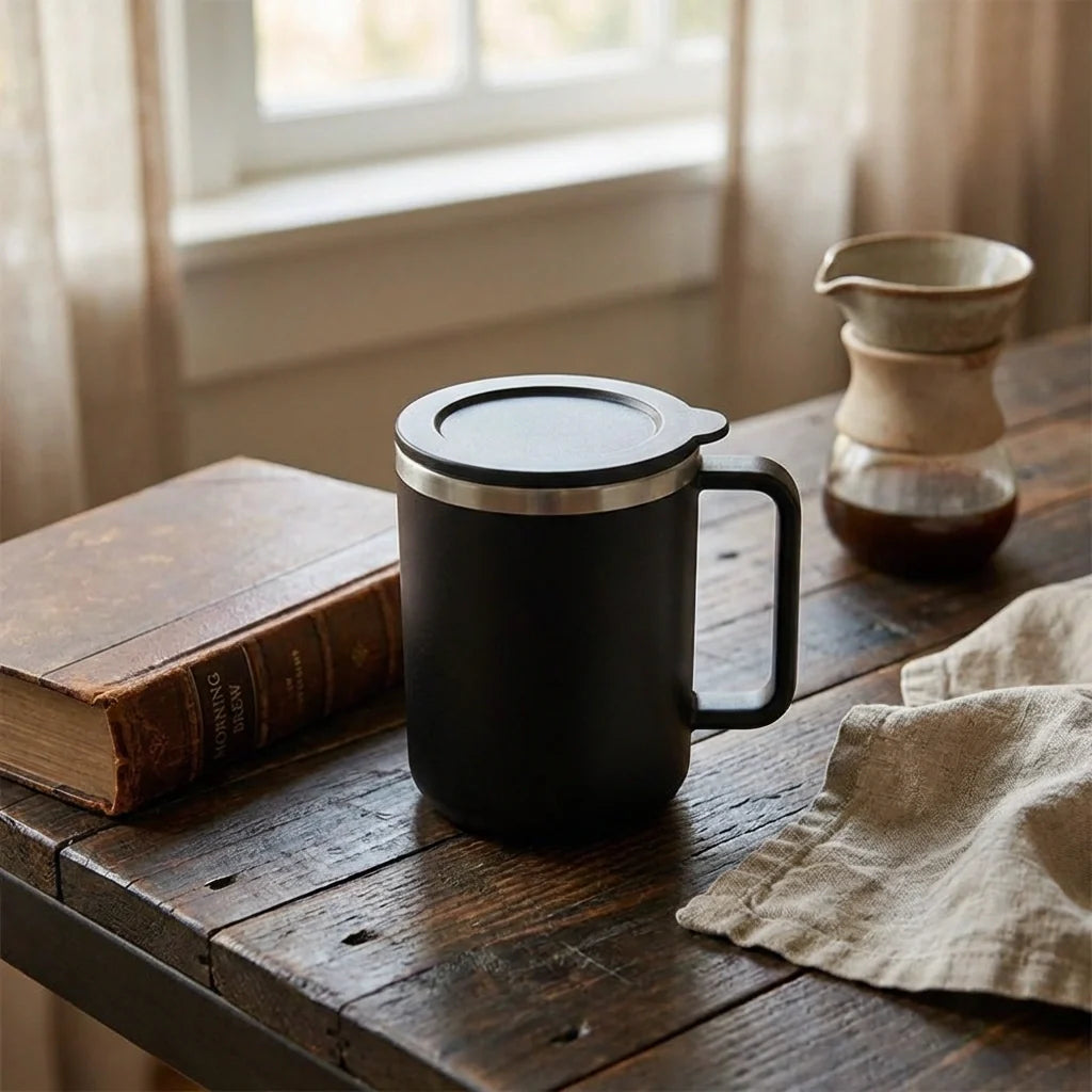 Black insulated mug with lid and handle on a rustic wooden surface near a glass carafe.