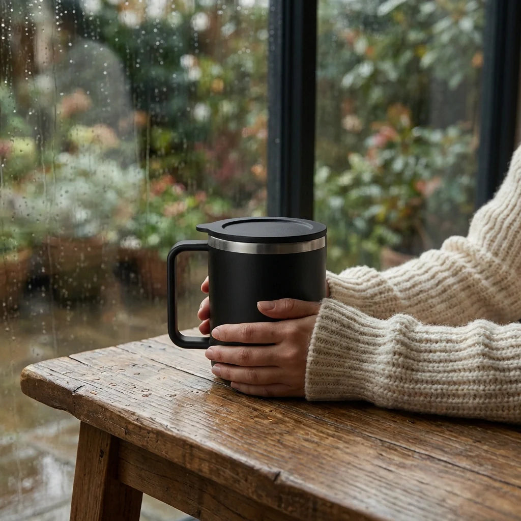 Black insulated mug with lid and handle held in a hand by a window with rain.