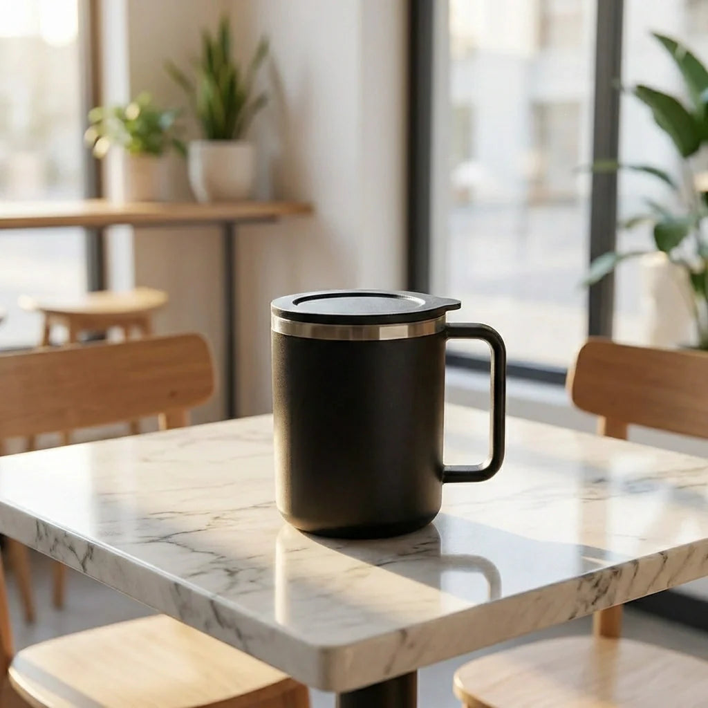 Black insulated mug with lid and handle, placed on a marble-topped table indoors.