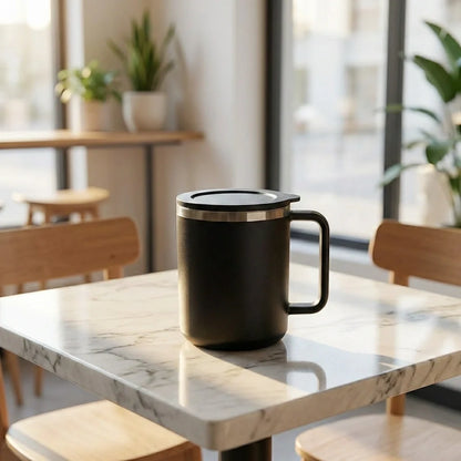 Black insulated mug with lid and handle, placed on a marble-topped table indoors.