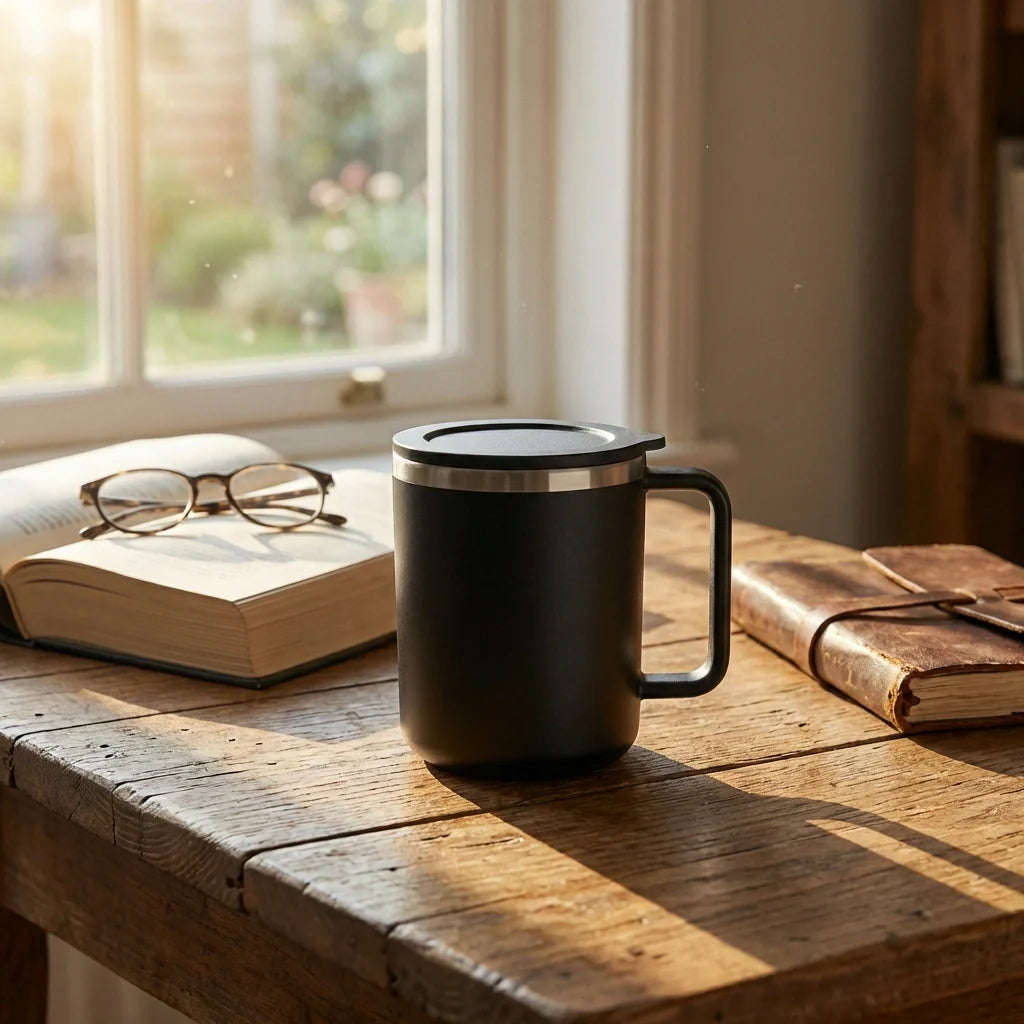 Black insulated mug with lid and handle on a wooden table with books and glasses nearby.