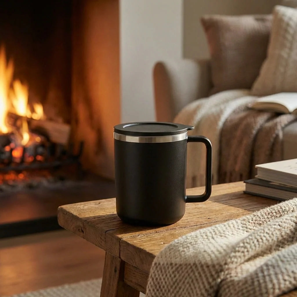 Black insulated mug with lid and handle on a wooden side table near a fireplace.