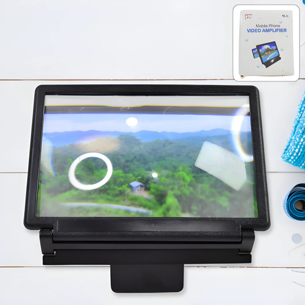 Black phone screen magnifier with foldable stand and display viewing screen