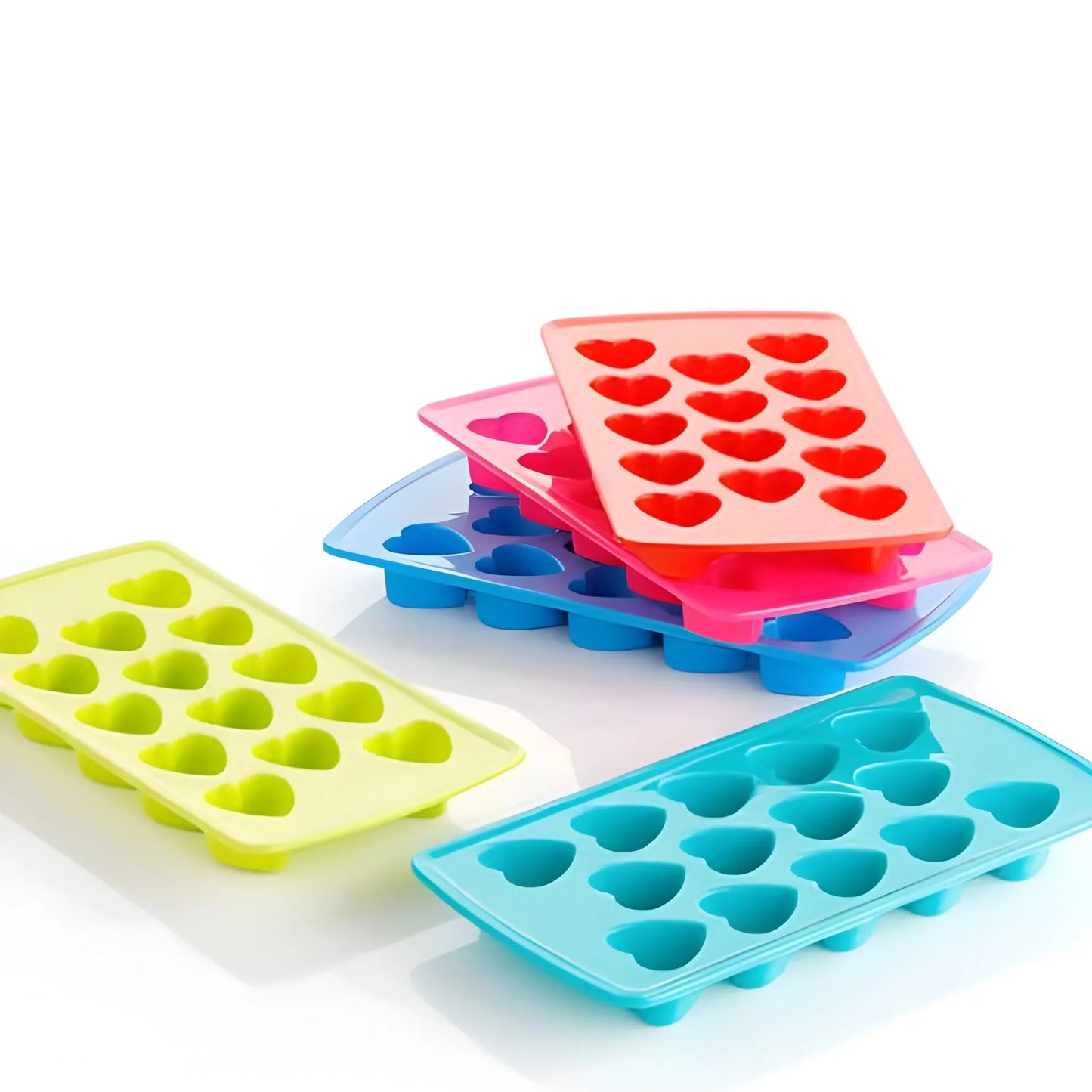 Heart ice cube trays with heart-mold cavities in red, pink, blue, and green