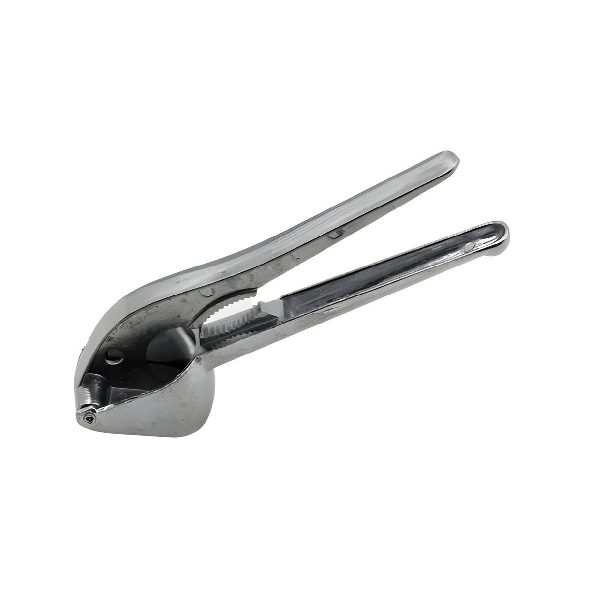 Aluminum garlic press with long handles and hinged crushing head, silver metal