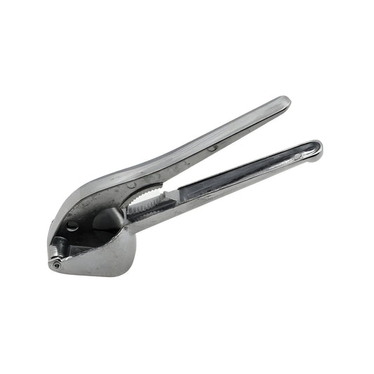 Aluminum garlic press with long handles and hinged crushing head, silver metal