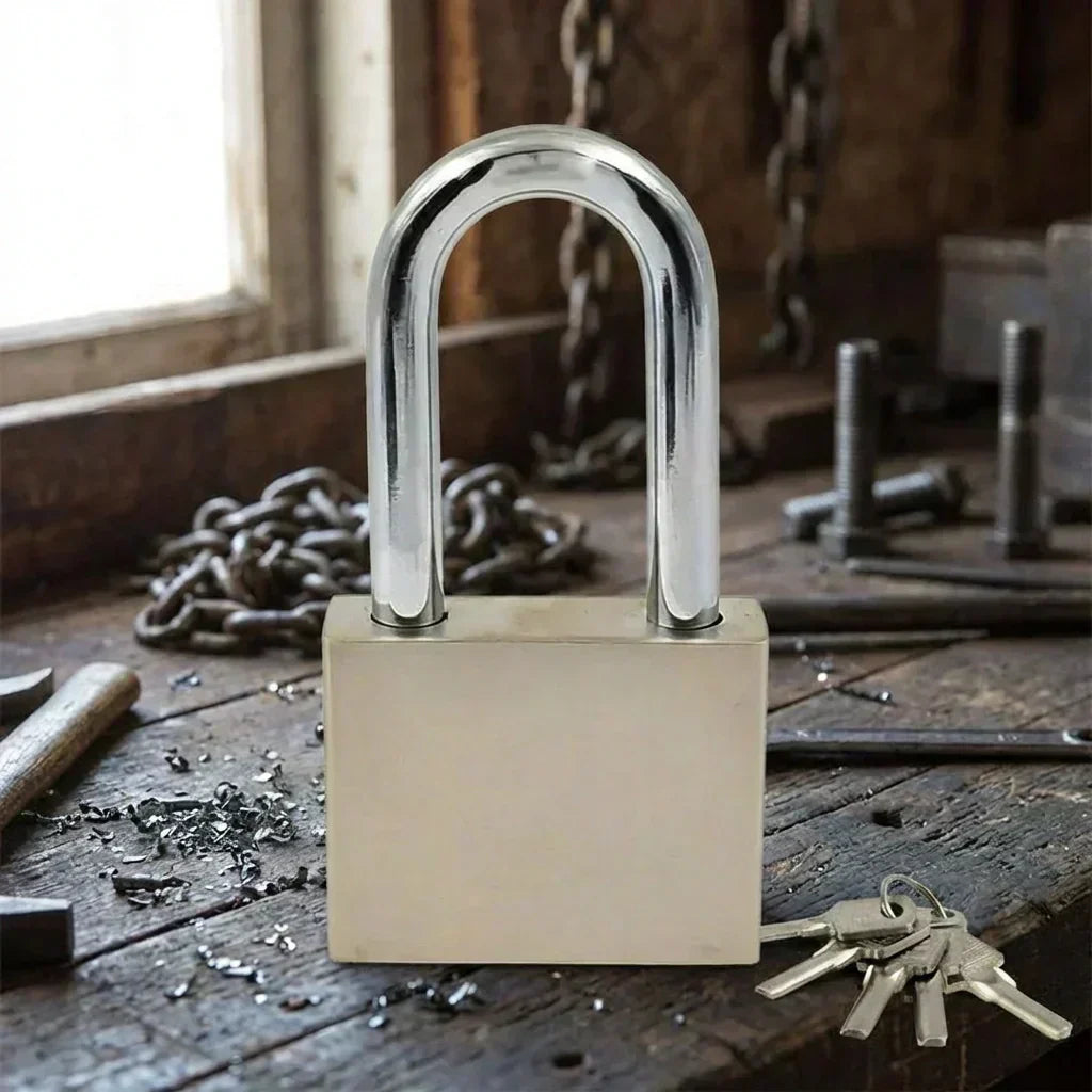 Heavy duty metal padlock with arched shackle and two keys, front view