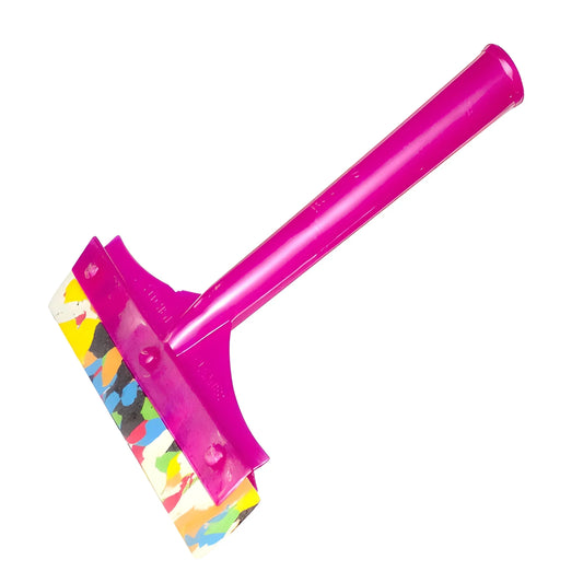 Pink floor squeegee wiper with angled rubber blade and colorful scraper edge