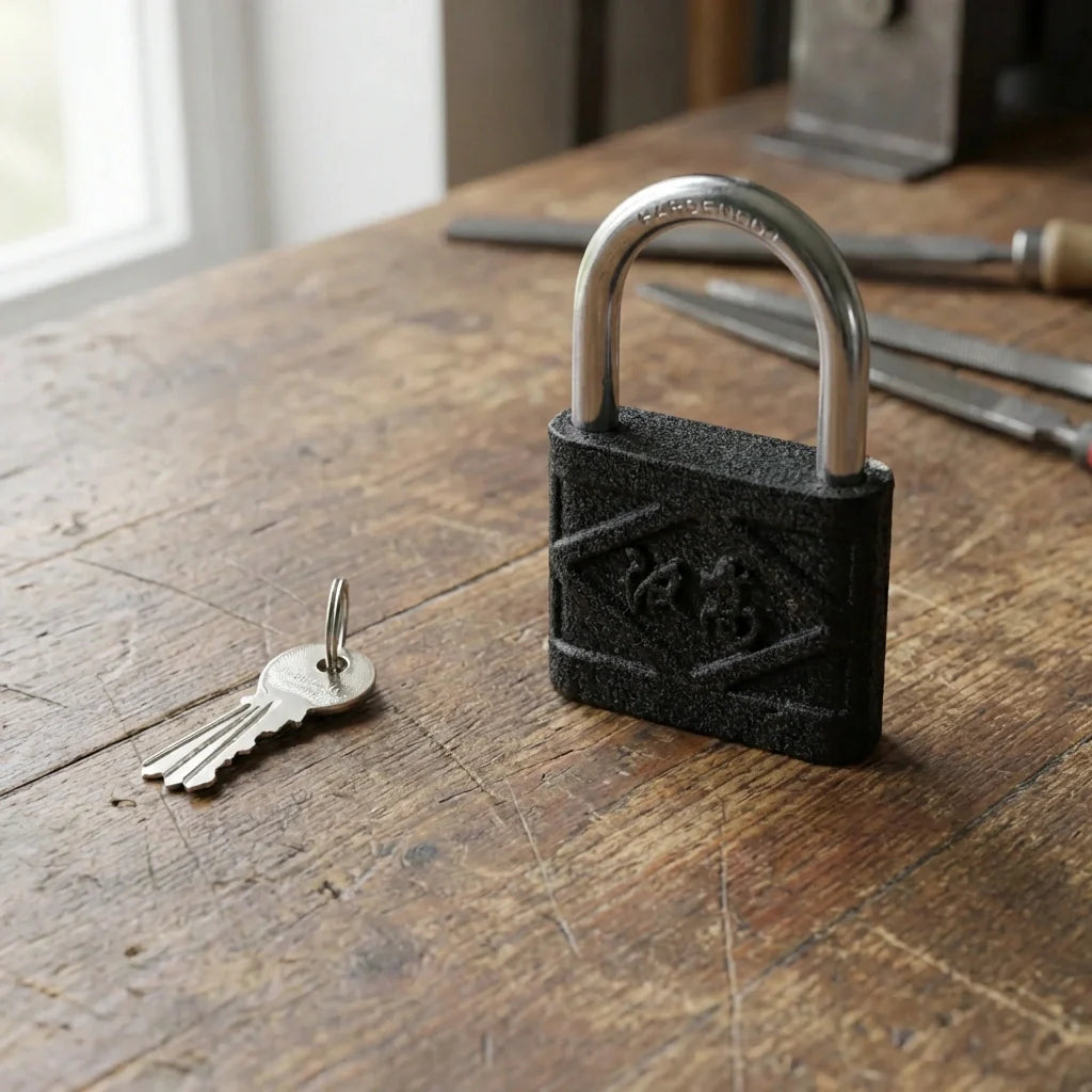 Black heavy-duty iron padlock with two keys on a wooden surface