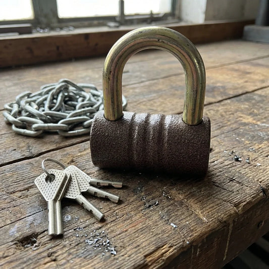 Heavy duty iron padlock with keys and chain, dark metal finish