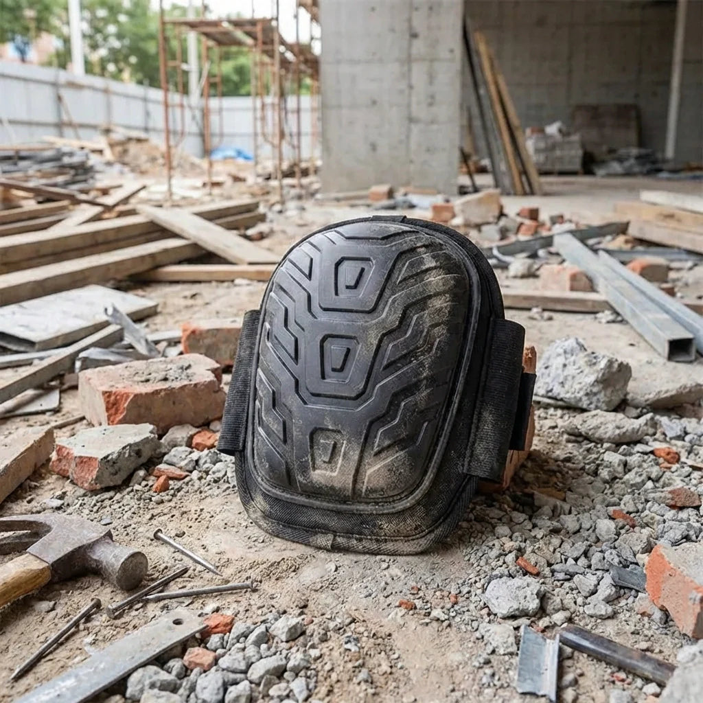 Black heavy-duty work knee pad close-up with molded textured shell