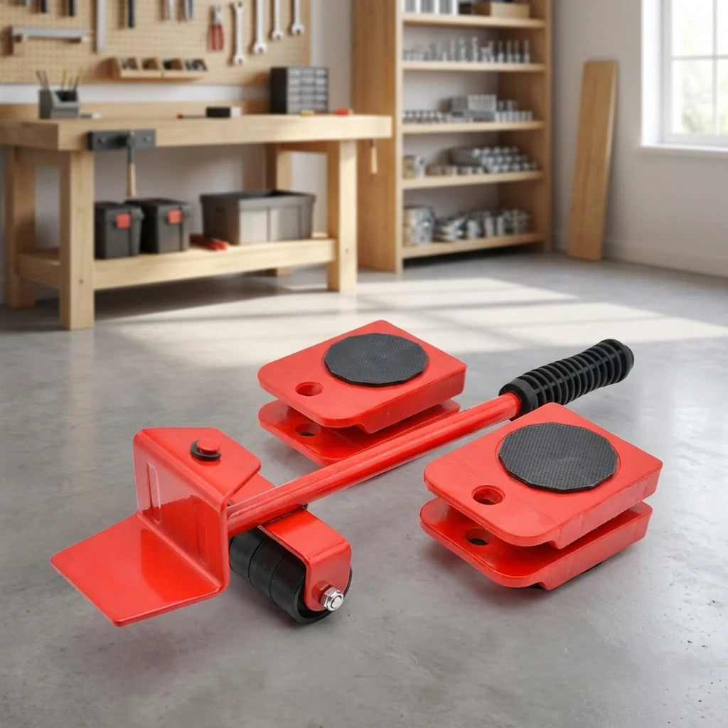 Heavy furniture lifter with red frame, black pads and caster rollers