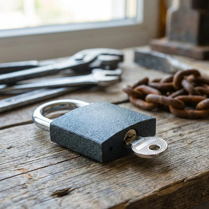Heavy iron padlock with dark metal body and visible key, on a wooden surface.