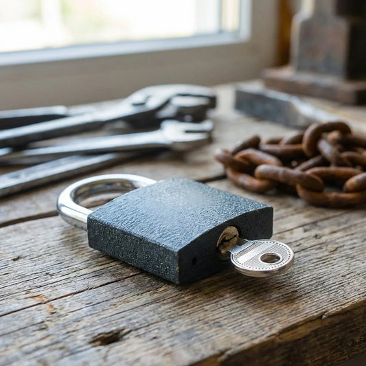 Heavy iron padlock with dark metal body and visible key, on a wooden surface.