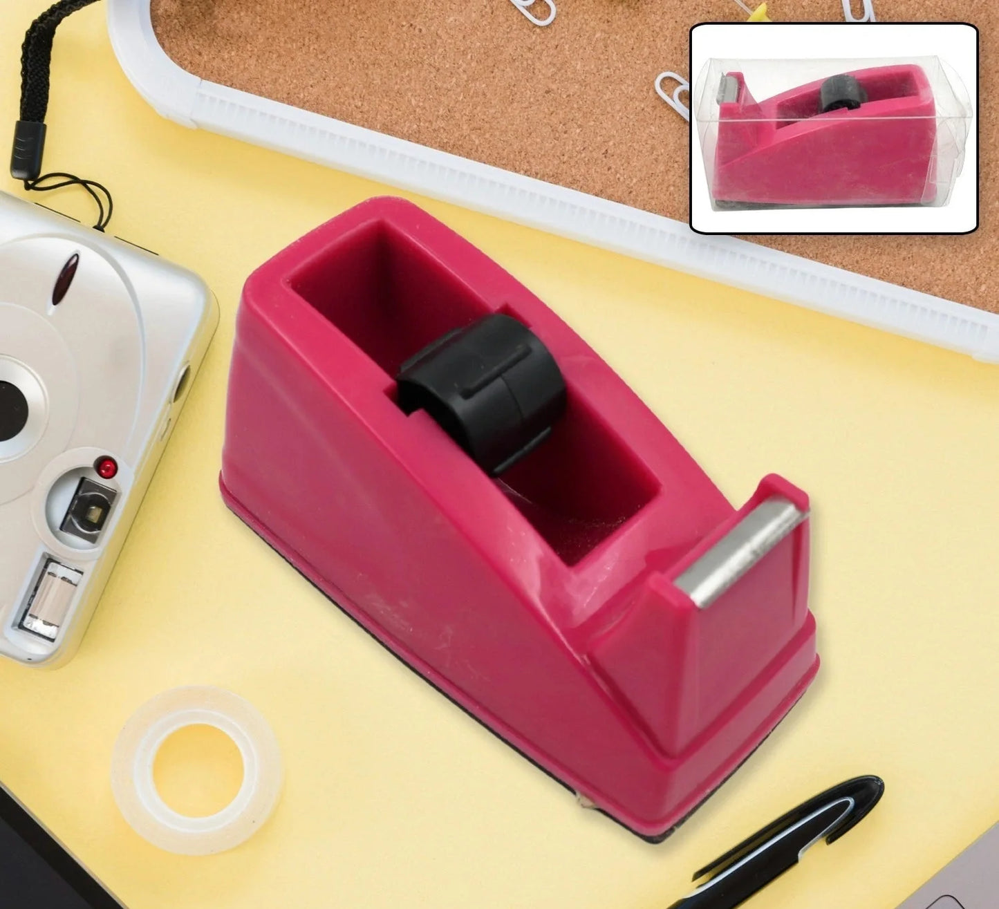 Heavy tape cutter with pink base, black handle, and metal cutting blade