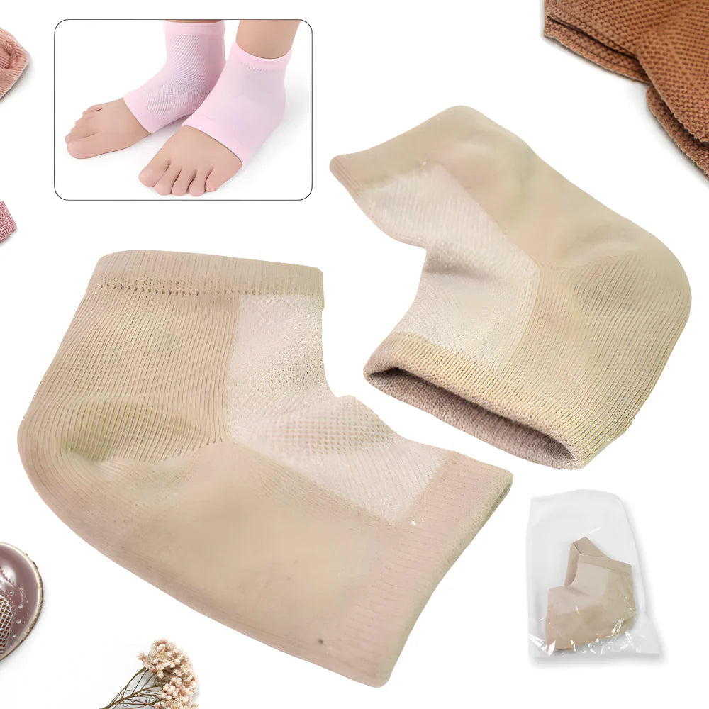 Heel softening socks in beige knit, cushioned heel padding and ankle length
