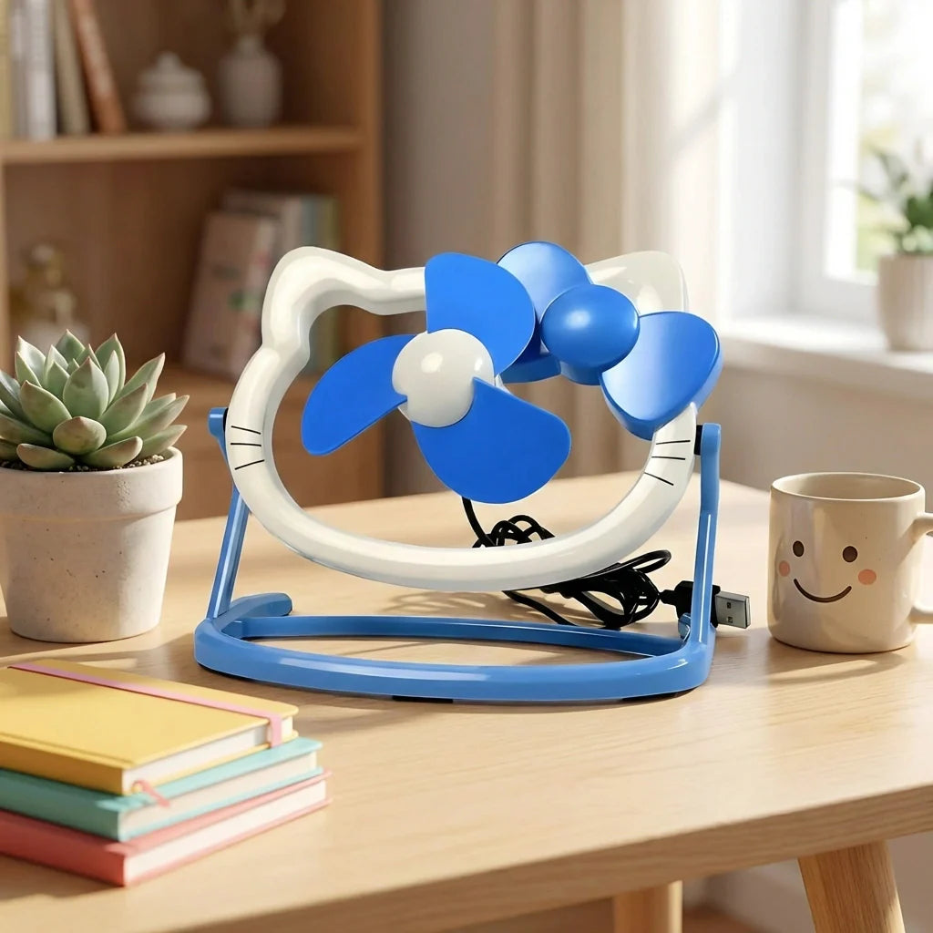 Blue and white cartoon desk fan with cat face on the grille