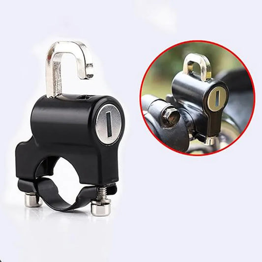 Motorcycle helmet lock with black clamp, silver shackle, and keyed cylinder