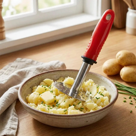 Stainless steel potato masher with red handle, mashing cooked potatoes in bowl