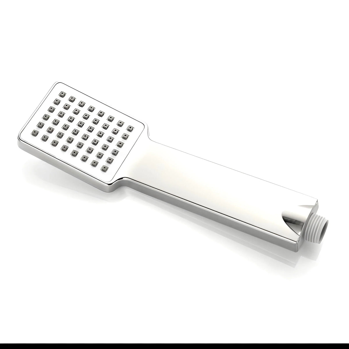 High-pressure shower head with square nozzle plate and hose connection, chrome-silver.