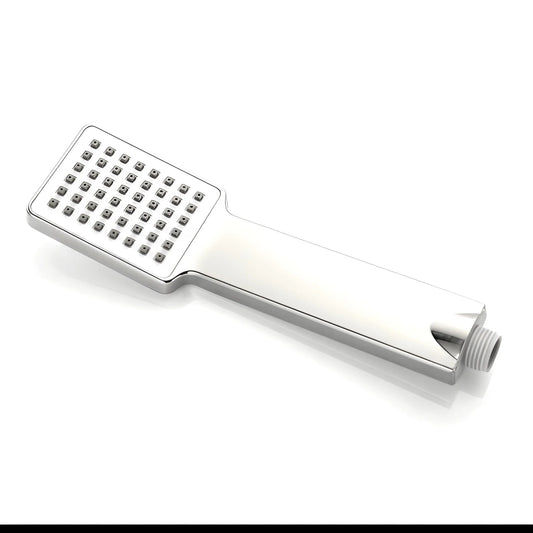 High-pressure shower head with square nozzle plate and hose connection, chrome-silver.