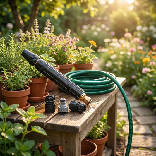 High pressure spray gun with green garden hose and nozzle attachments