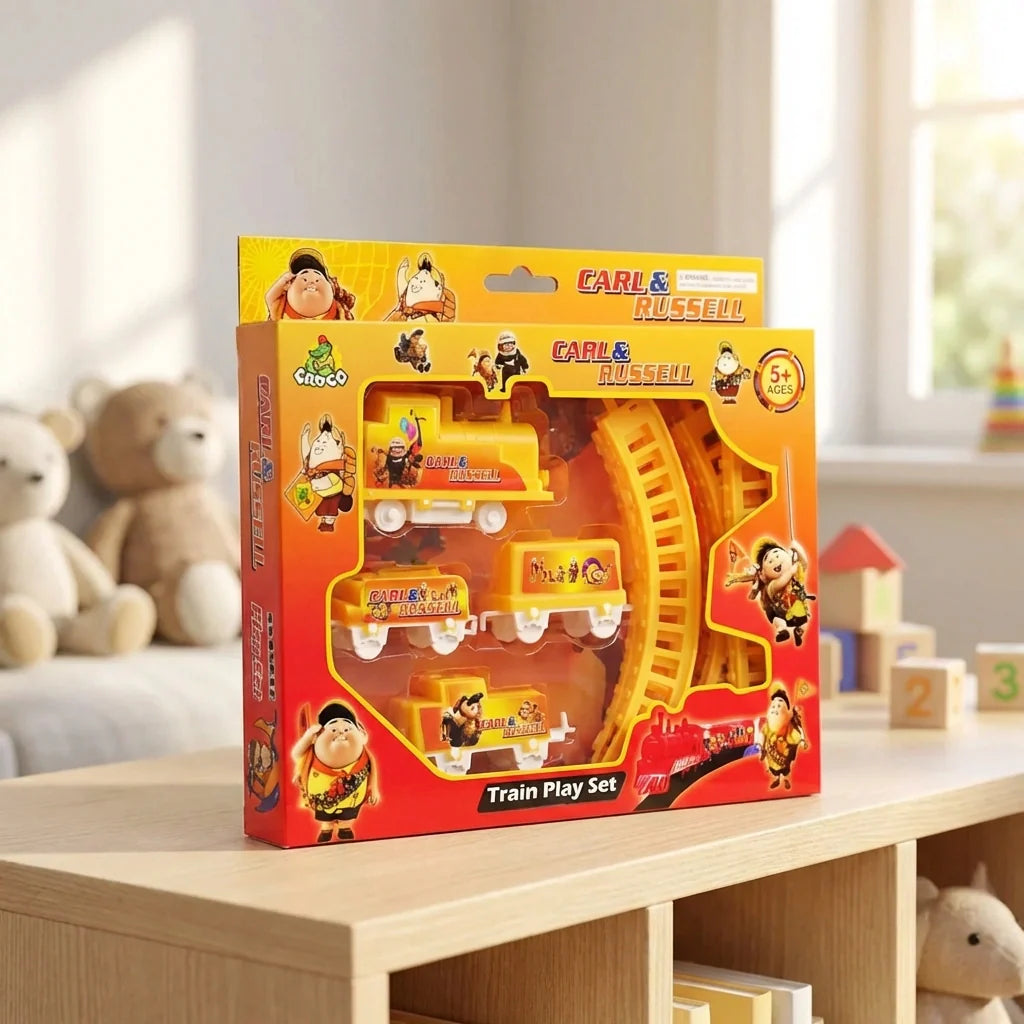 Toy train play set box with battery train track and cartoon characters