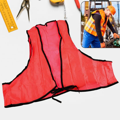 High-visibility safety vest in red with black trim and reflective stripes, front view