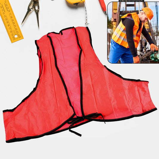 High-visibility safety vest in red with black trim and reflective stripes, front view