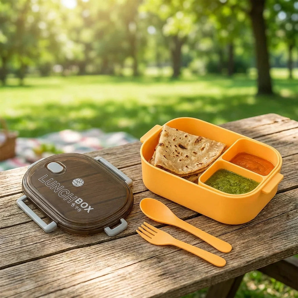 Orange lunch box with two compartments and hinged lid, includes fork and spoon.